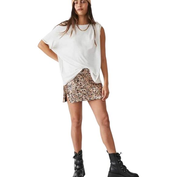 Free People Annalise Sequin Mini Skirt 6 New Gold Black Slit Edgy Boho Glam - Picture 8 of 8